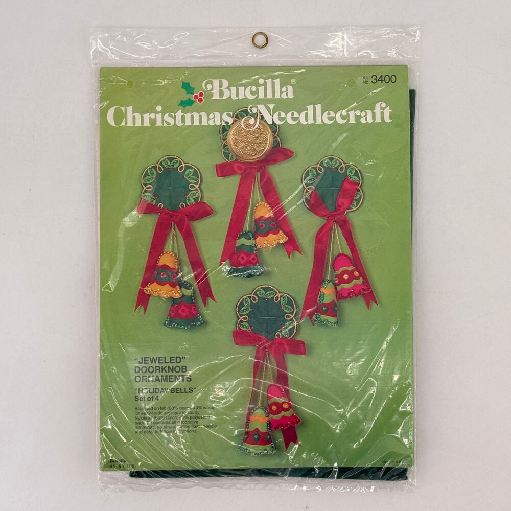 Vtg Bucilla Needlecraft 3400 Holiday Bells Jeweled Doorknob Ornaments Christmas